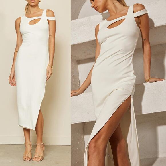 Runaway the Label | NWT Lyla Ivory White Side Slit Keyhole Body-con Midi Dress - Picture 1 of 16